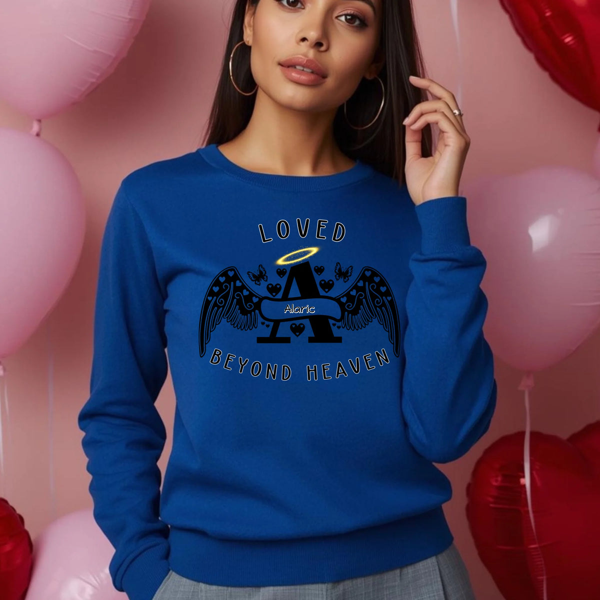 Loved Beyond Heaven personalized memorial sweatshirt or hoodie with angel letter design