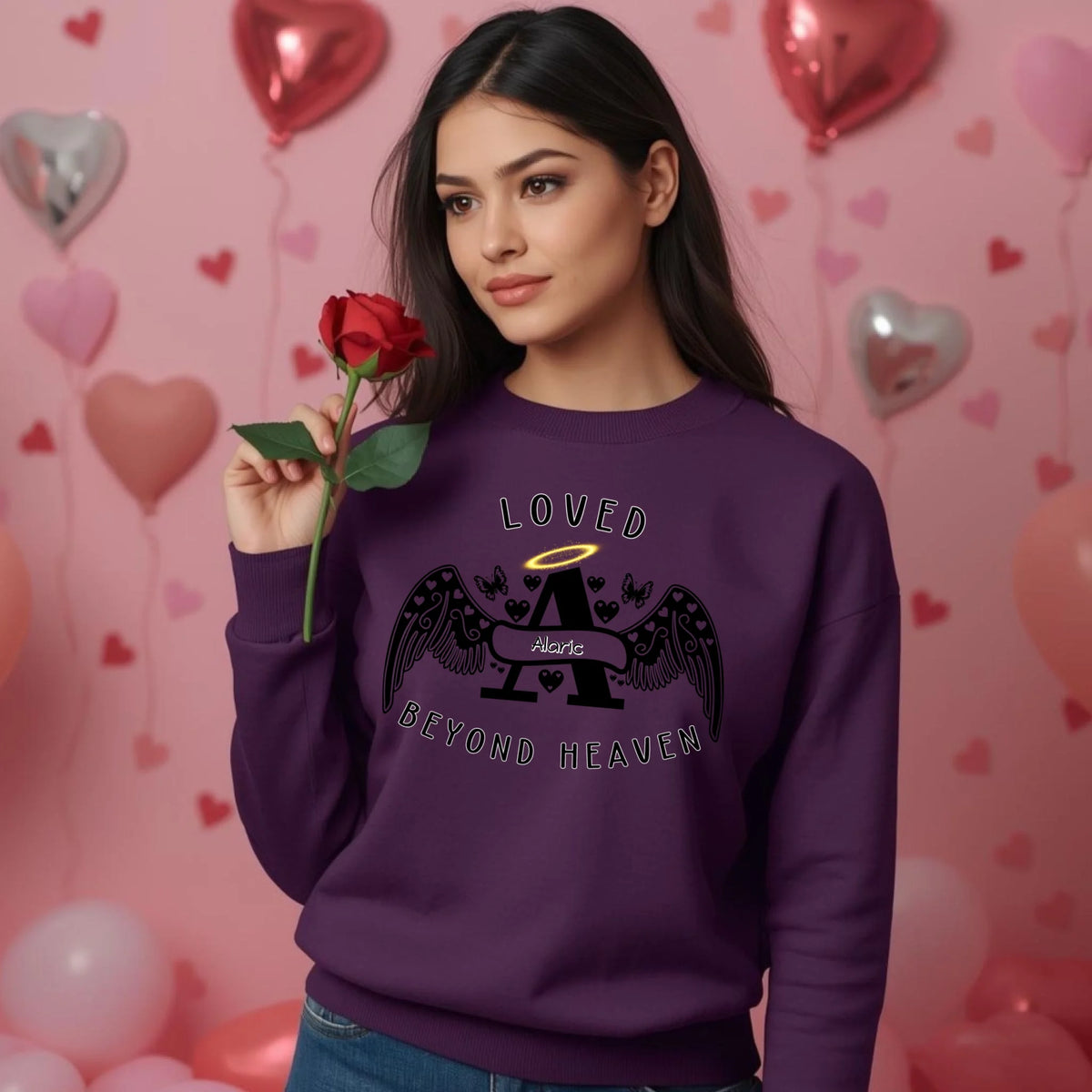 Loved Beyond Heaven personalized memorial sweatshirt or hoodie with angel letter design
