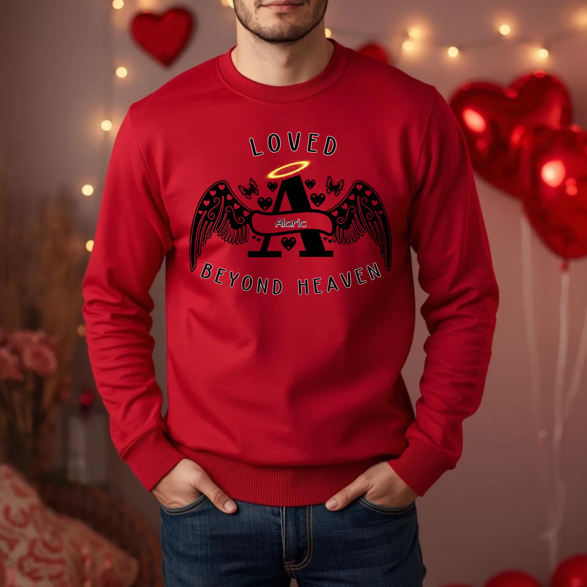 Loved Beyond Heaven personalized memorial sweatshirt or hoodie with angel letter design