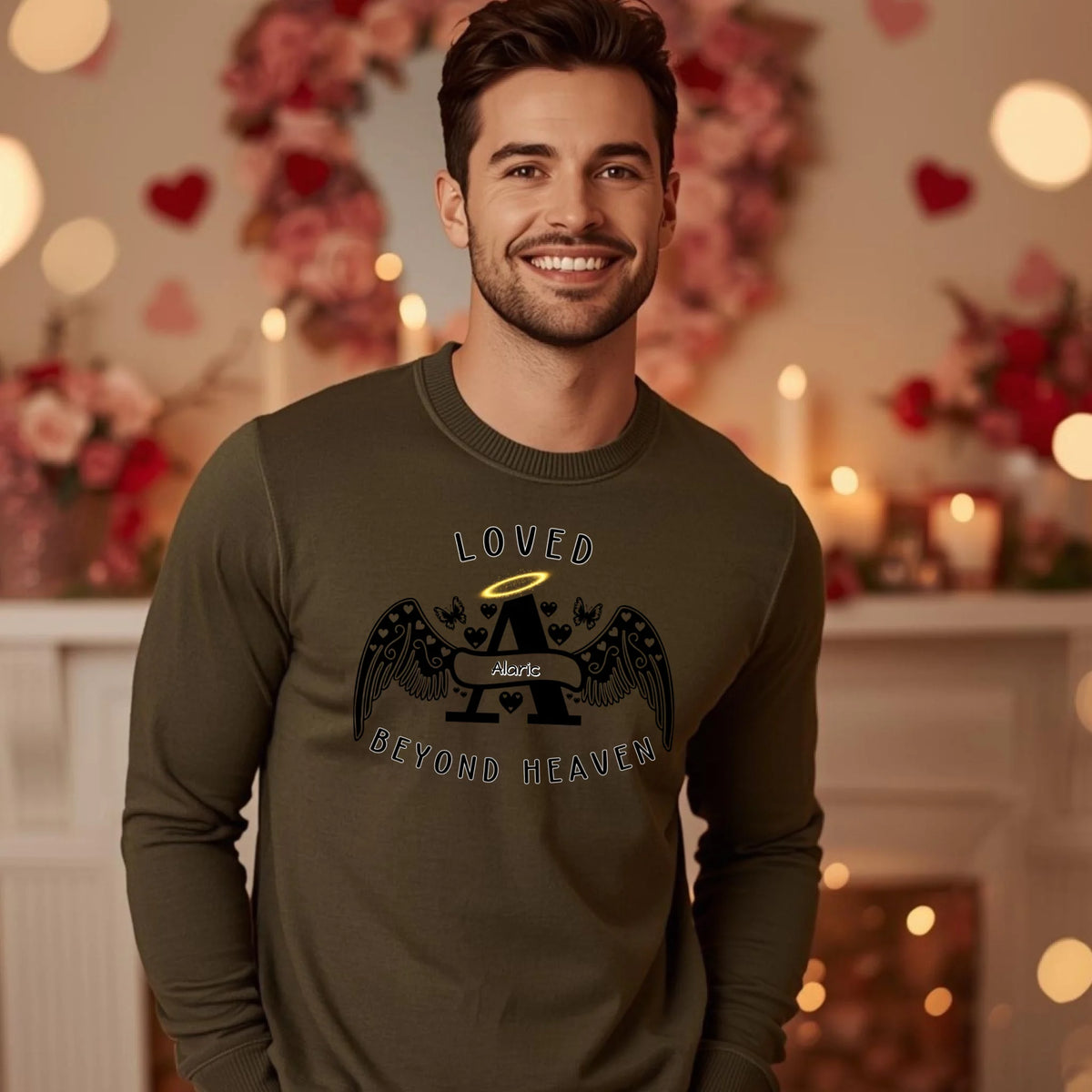 Loved Beyond Heaven personalized memorial sweatshirt or hoodie with angel letter design