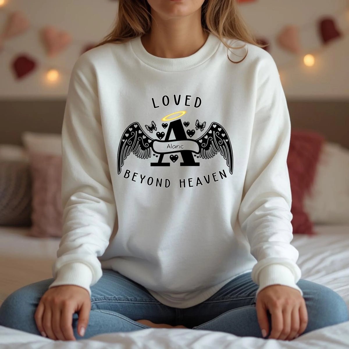Loved Beyond Heaven personalized memorial sweatshirt or hoodie with angel letter design