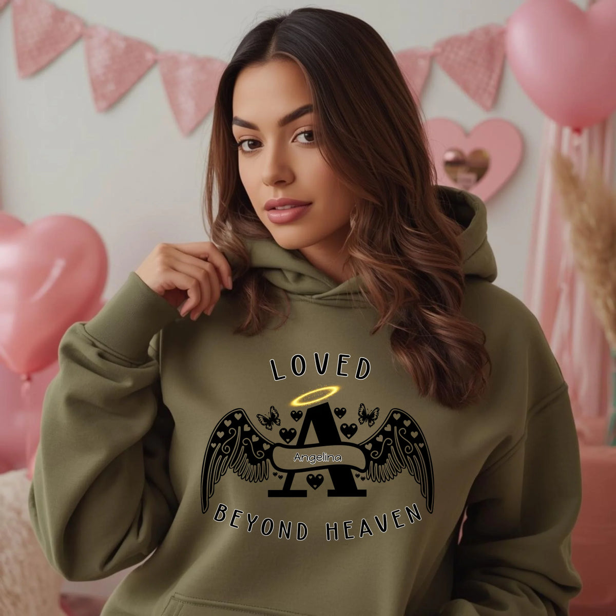Loved Beyond Heaven personalized memorial sweatshirt or hoodie with angel letter design