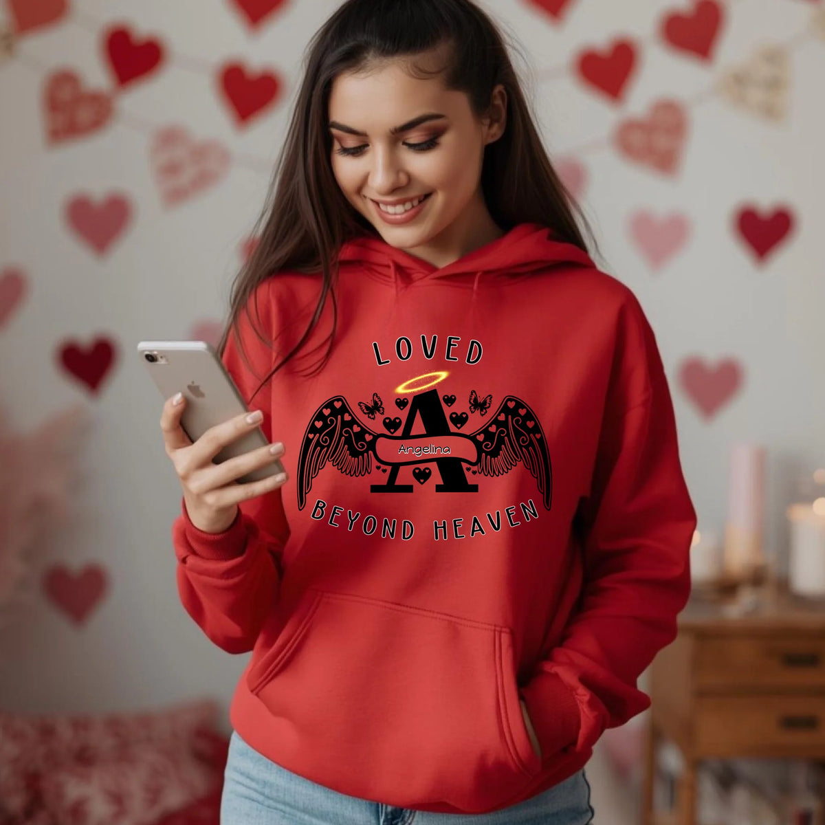Loved Beyond Heaven personalized memorial sweatshirt or hoodie with angel letter design