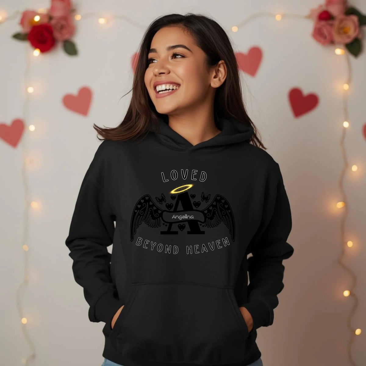 Loved Beyond Heaven personalized memorial sweatshirt or hoodie with angel letter design