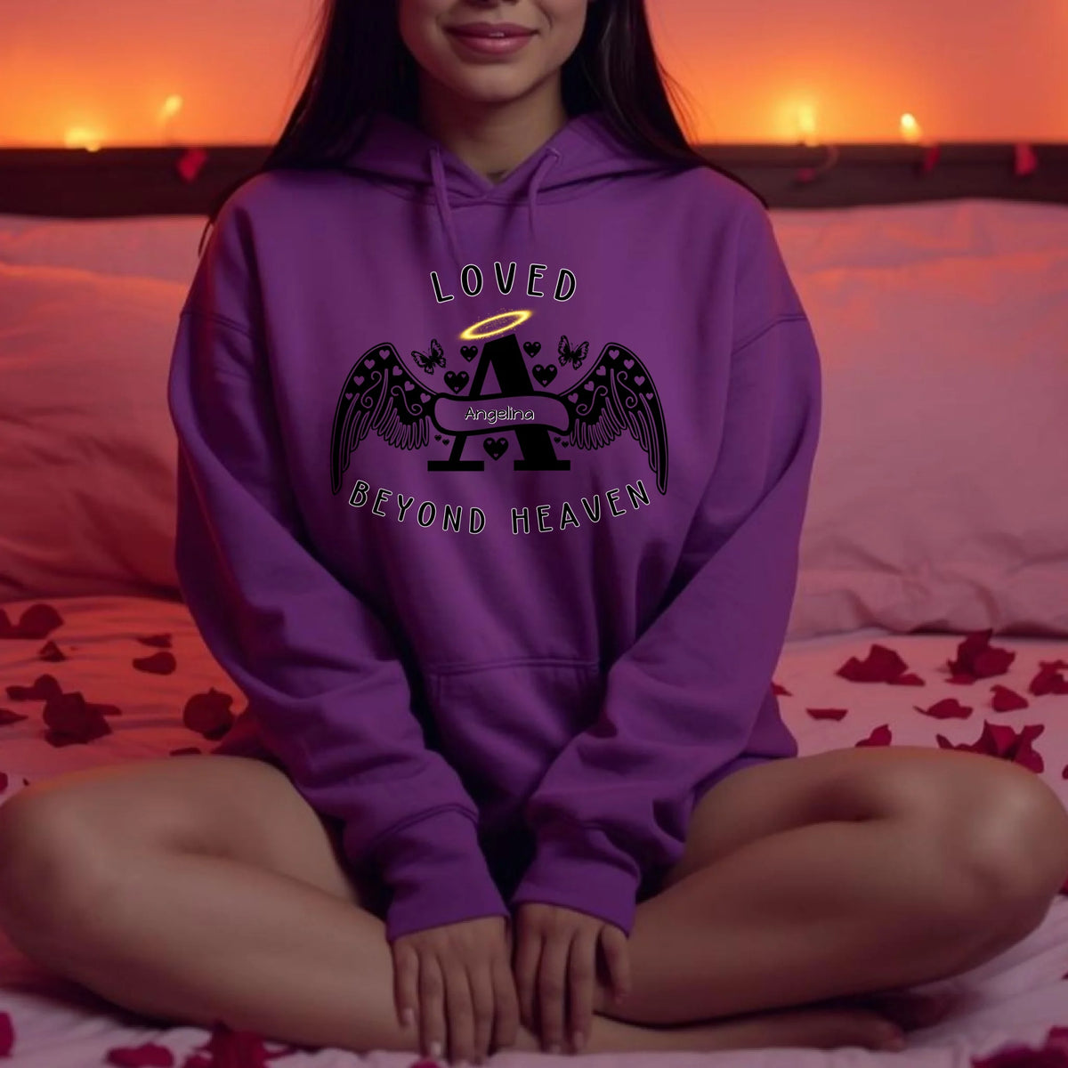 Loved Beyond Heaven personalized memorial sweatshirt or hoodie with angel letter design