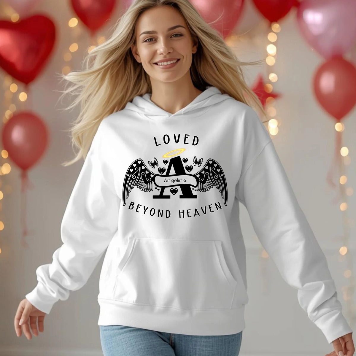Loved Beyond Heaven personalized memorial sweatshirt or hoodie with angel letter design