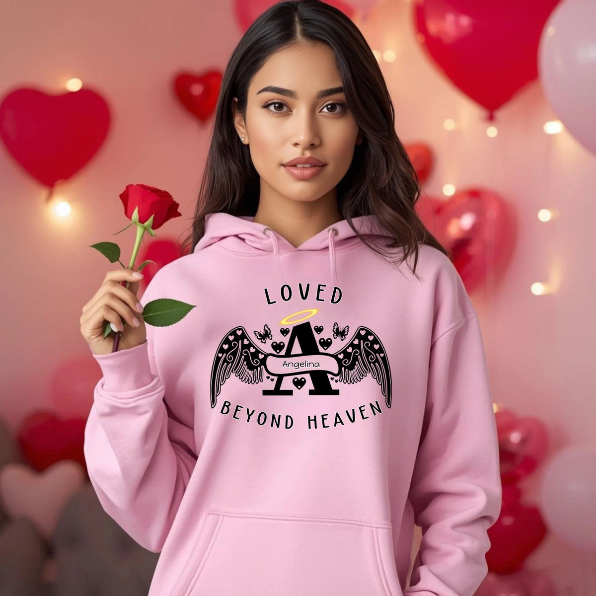 Loved Beyond Heaven personalized memorial sweatshirt or hoodie with angel letter design
