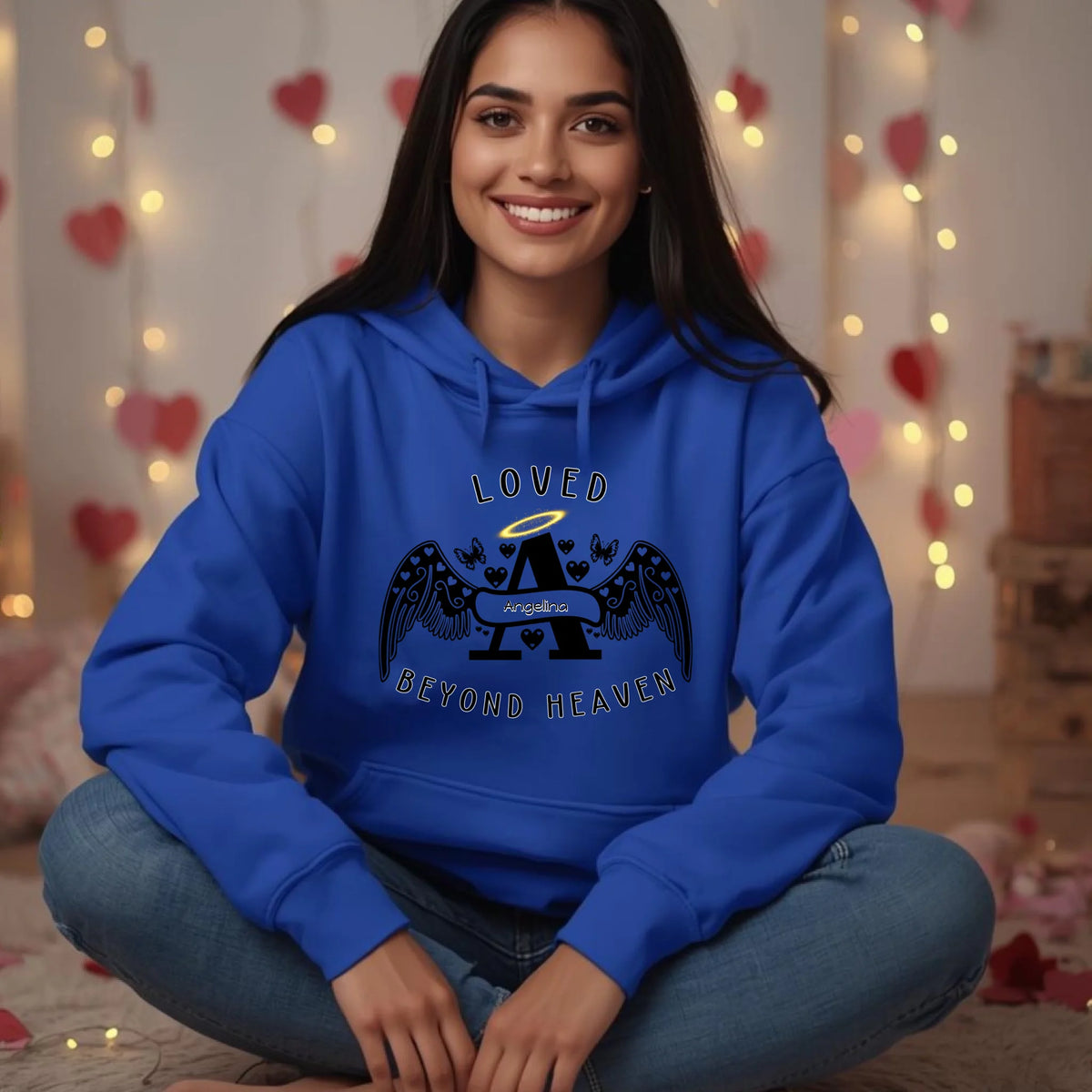 Loved Beyond Heaven personalized memorial sweatshirt or hoodie with angel letter design