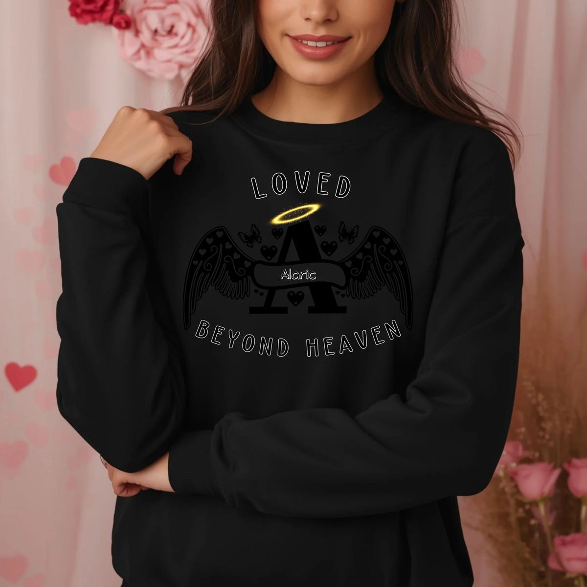 Loved Beyond Heaven personalized memorial sweatshirt or hoodie with angel letter design