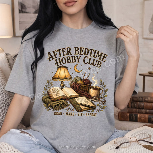 After Bedtime Hobby Club Tee | Cozy Reading & Knitting Shirt