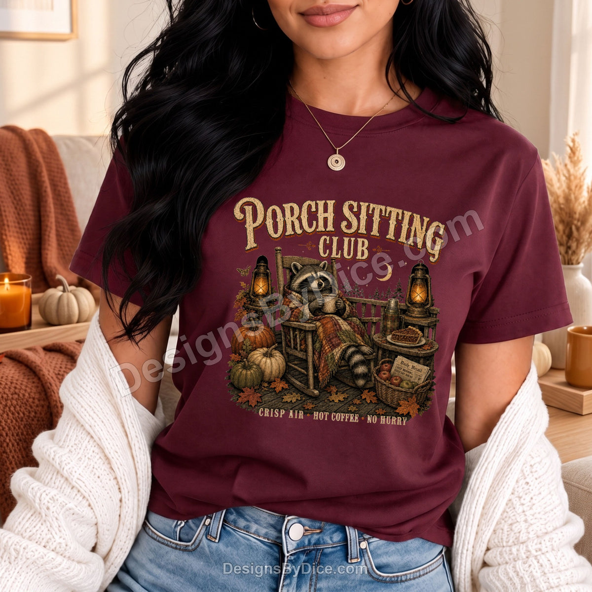 Porch Sitting Club Shirt | Cozy Fall Raccoon Graphic Tee
