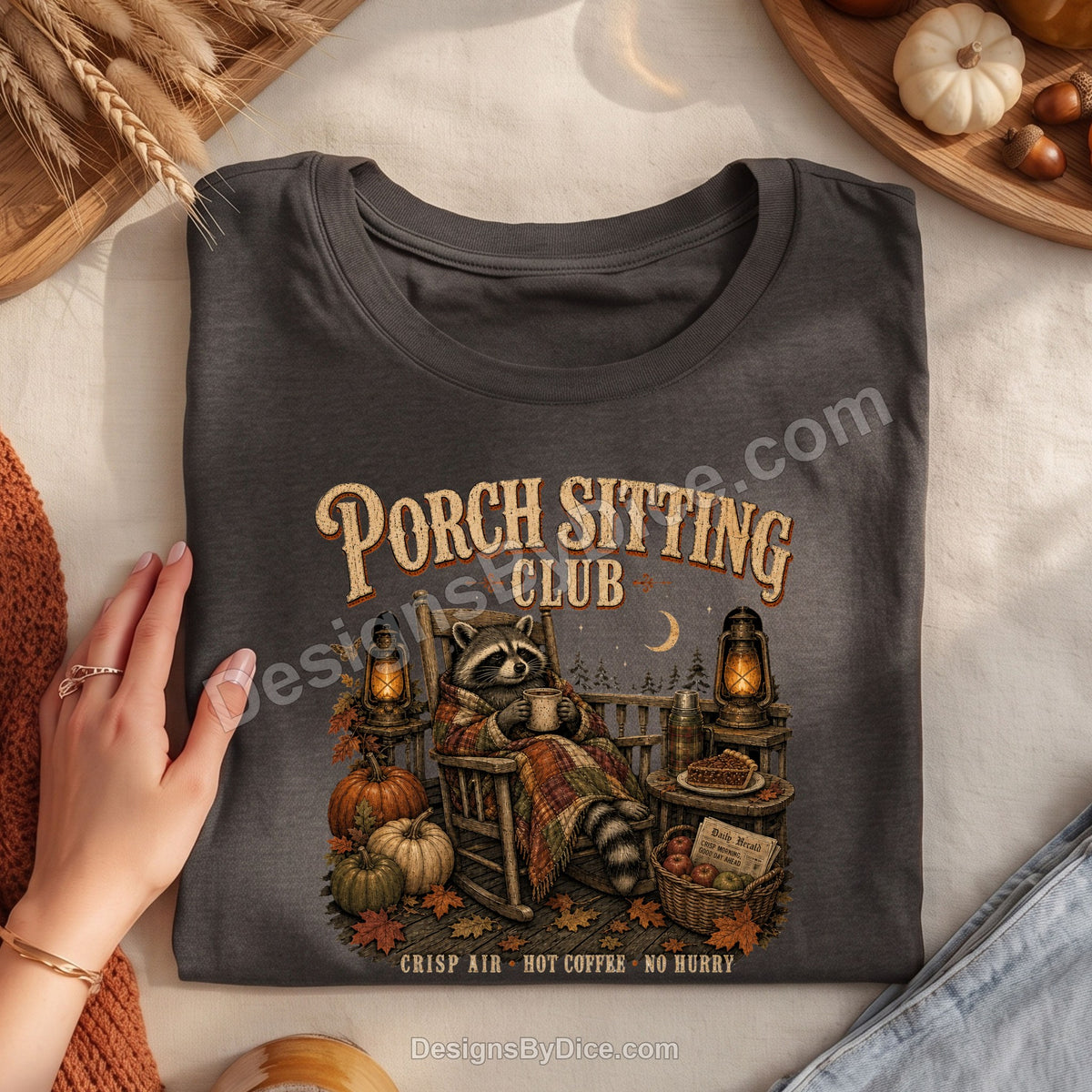 Porch Sitting Club Shirt | Cozy Fall Raccoon Graphic Tee