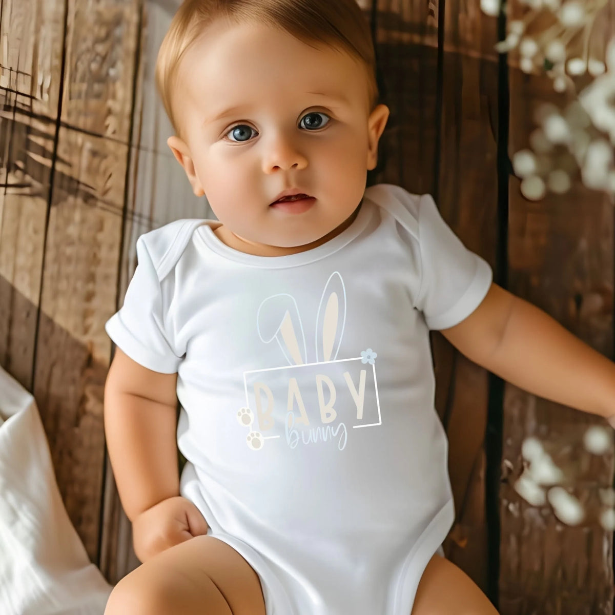 Baby wearing a white Easter bunny onesie in a soft, natural lifestyle environment.