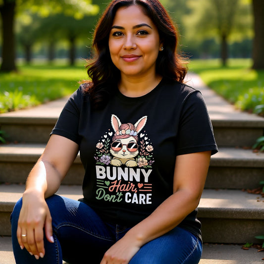 Woman wearing a black t-shirt with a bunny graphic and text, sitting on steps outdoors.