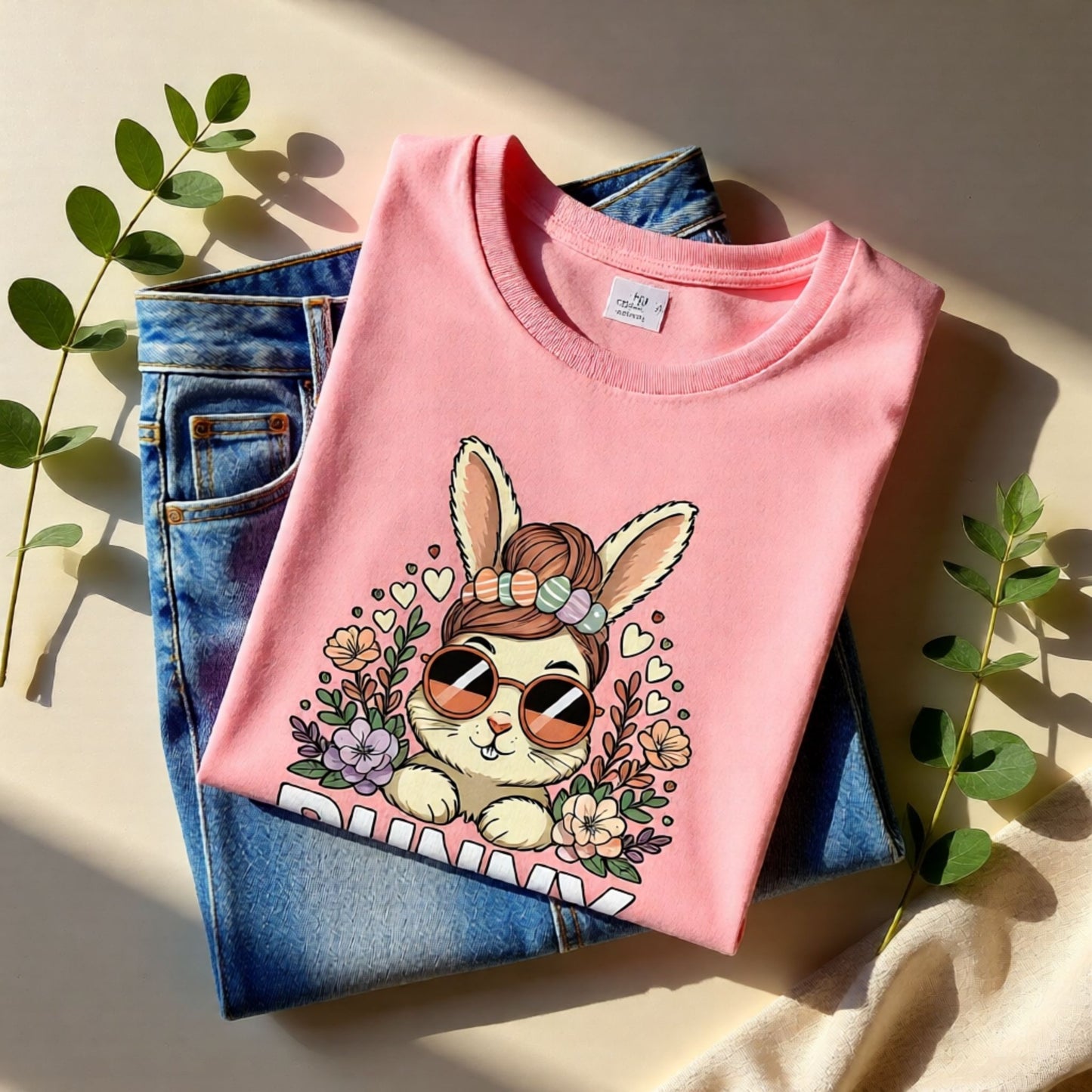 Pink t-shirt with a cartoon bunny design on a stack of jeans, surrounded by green leaves.
