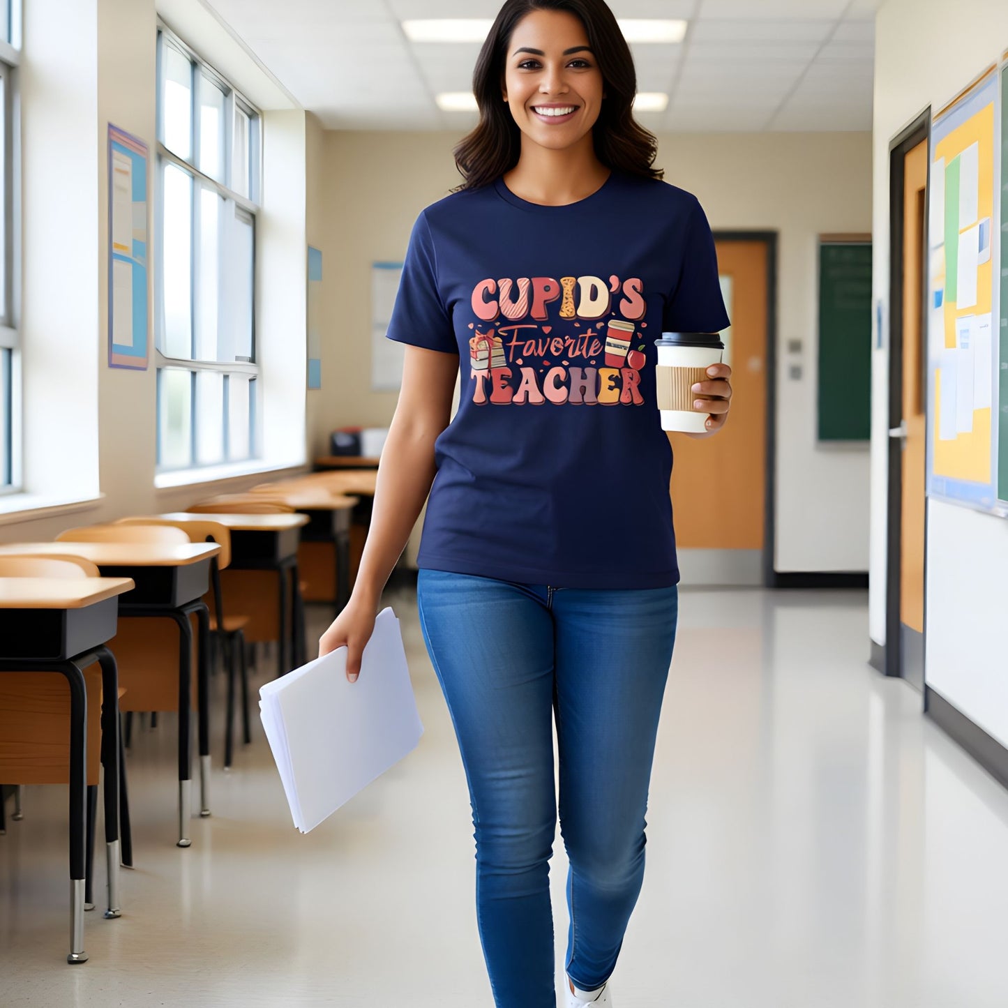 Teacher walking through a school hallway wearing a navy Cupid’s Favorite Teacher t-shirt holding papers and a coffee cup.