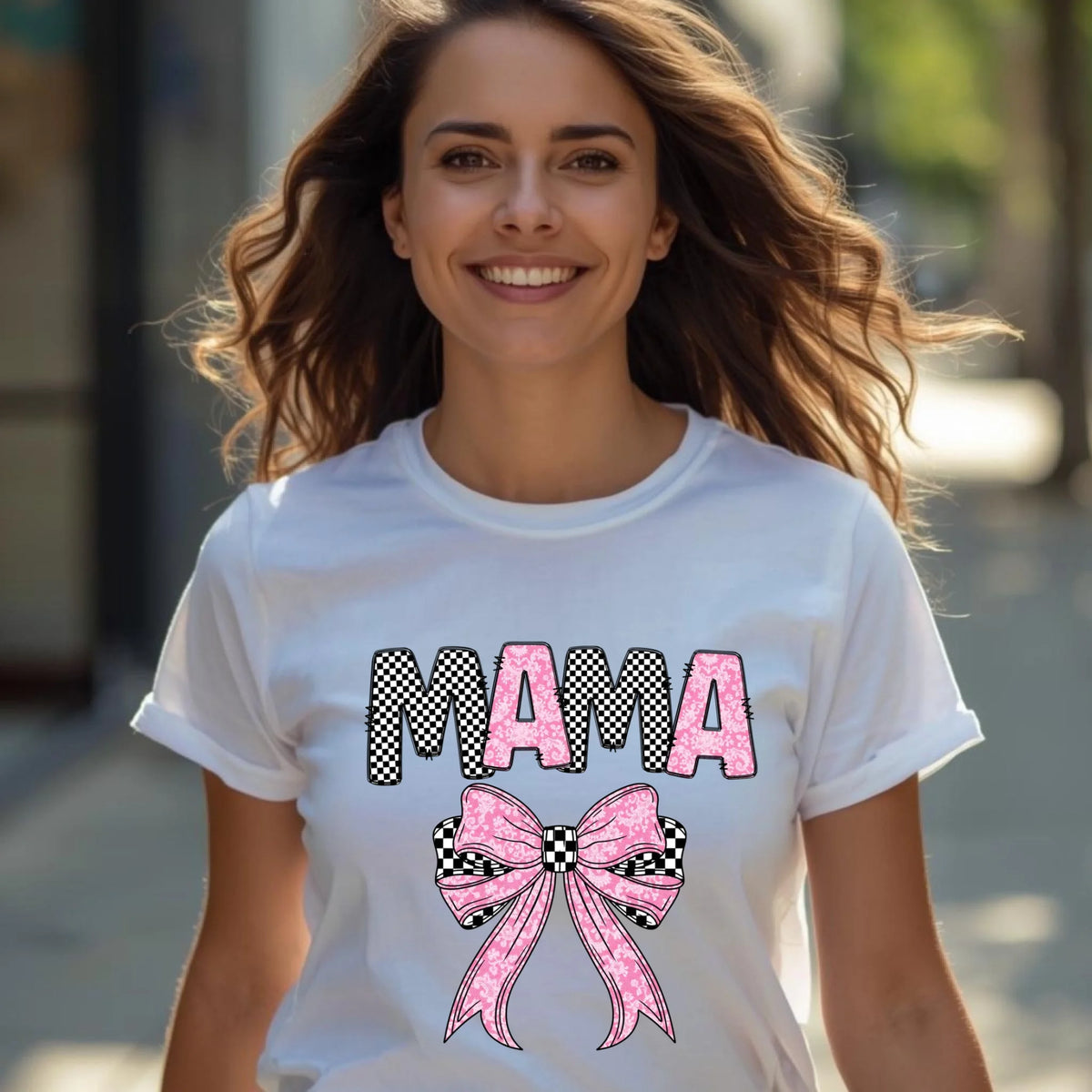 Woman wearing white Mama matching shirt, casual mommy and me outfit for everyday wear