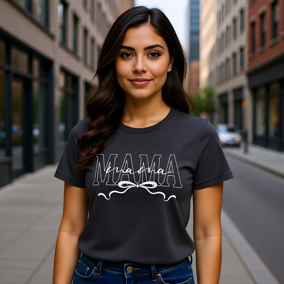 Woman wearing a dark grey Mama bow script t-shirt styled casually outdoors, showcasing a modern minimalist mom aesthetic.