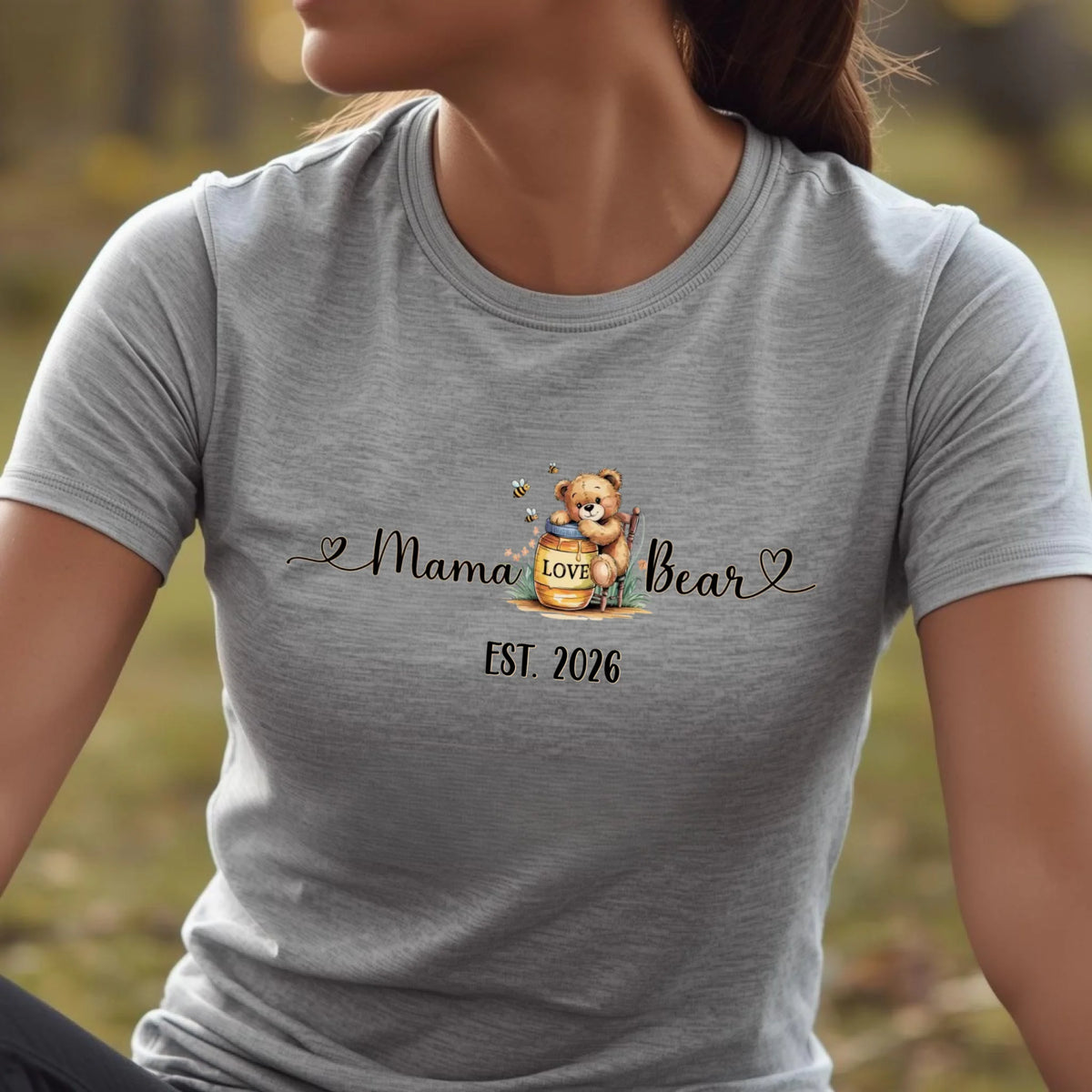 Grey mama bear t-shirt with honey bear illustration and EST year personalization.