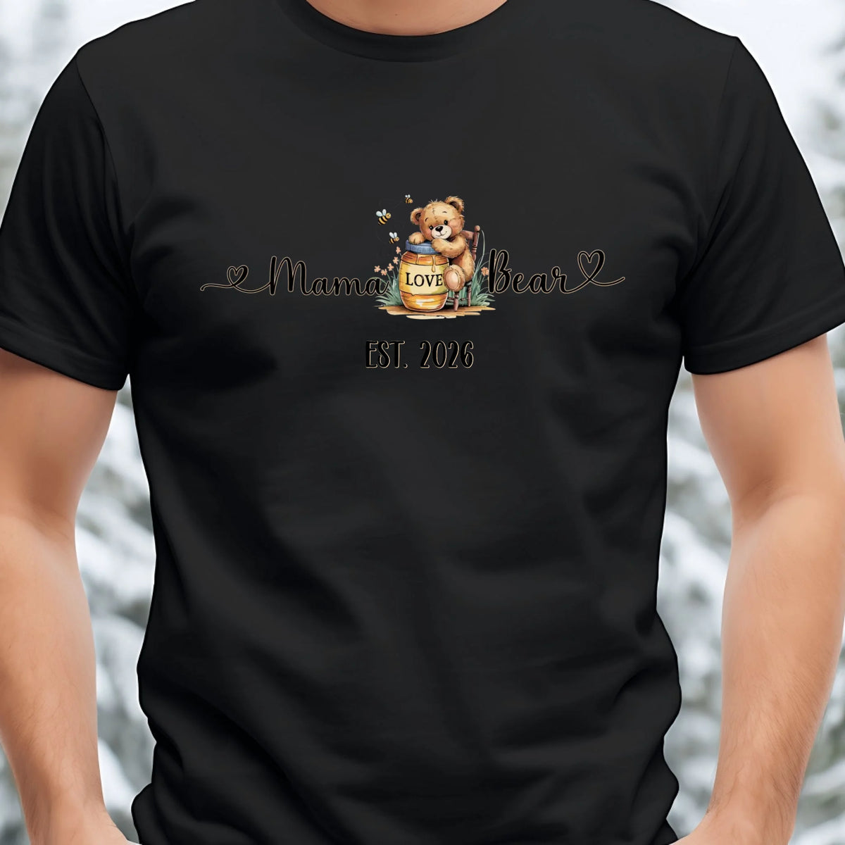 Black mama bear t-shirt featuring honey bear graphic and customizable EST year.