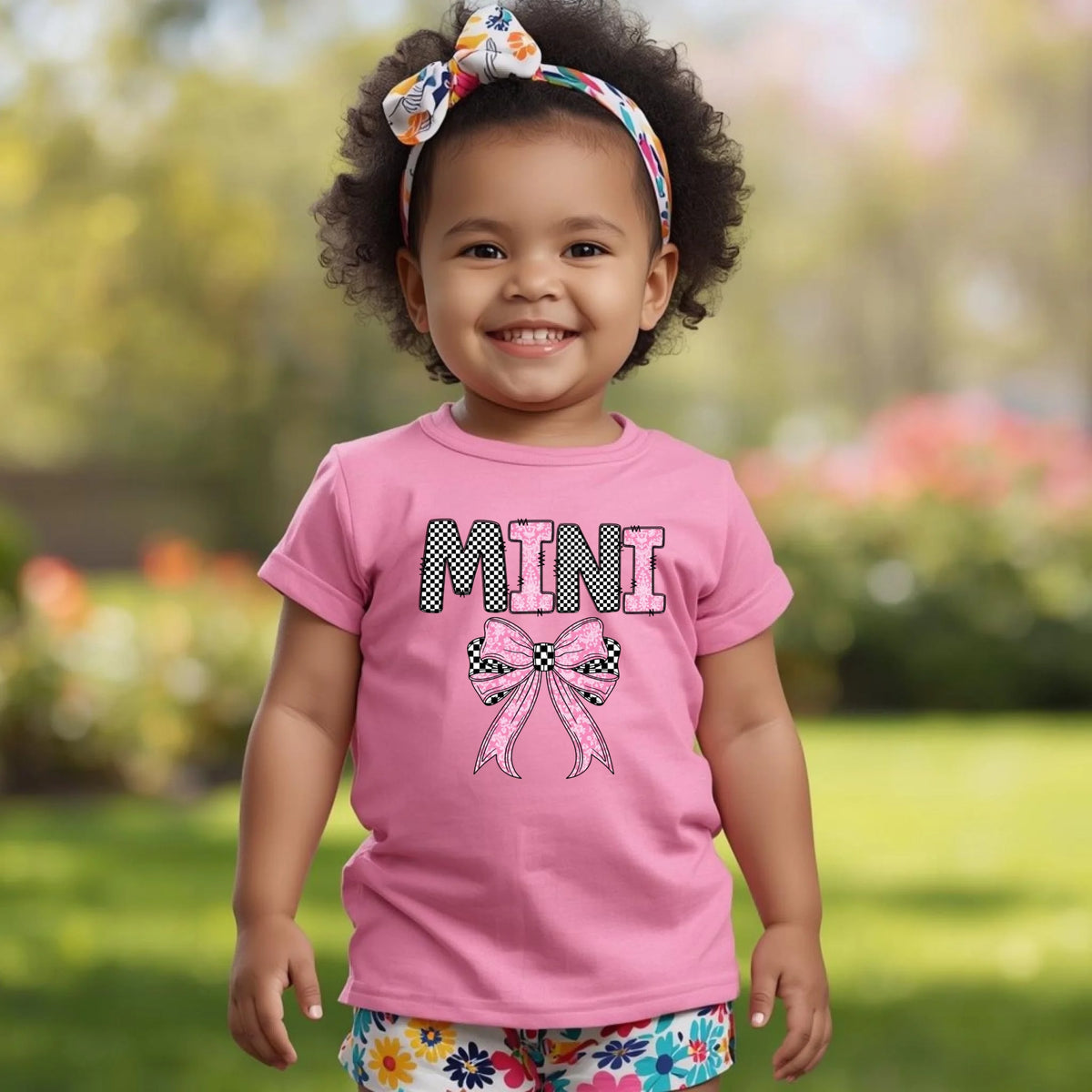 Toddler wearing pink Mini bow shirt, playful mommy and me outfit for family photos