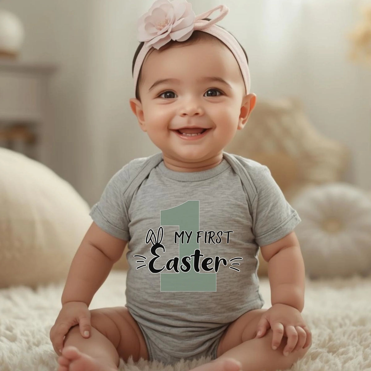 grey infant onesie with “My First Easter” design, soft and comfortable for baby’s first Easter celebration.