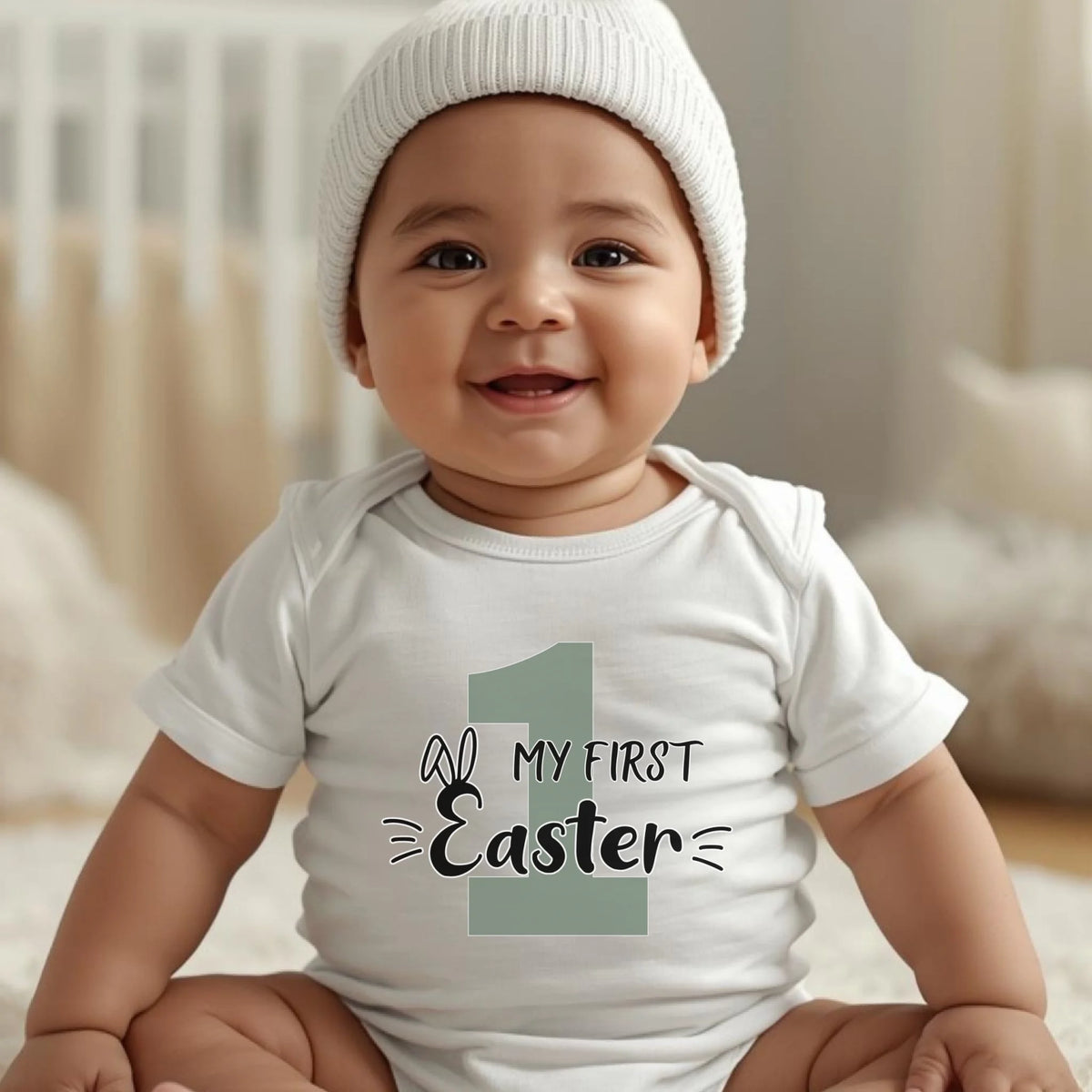 White infant onesie with “My First Easter” design, soft and comfortable for baby’s first Easter celebration.