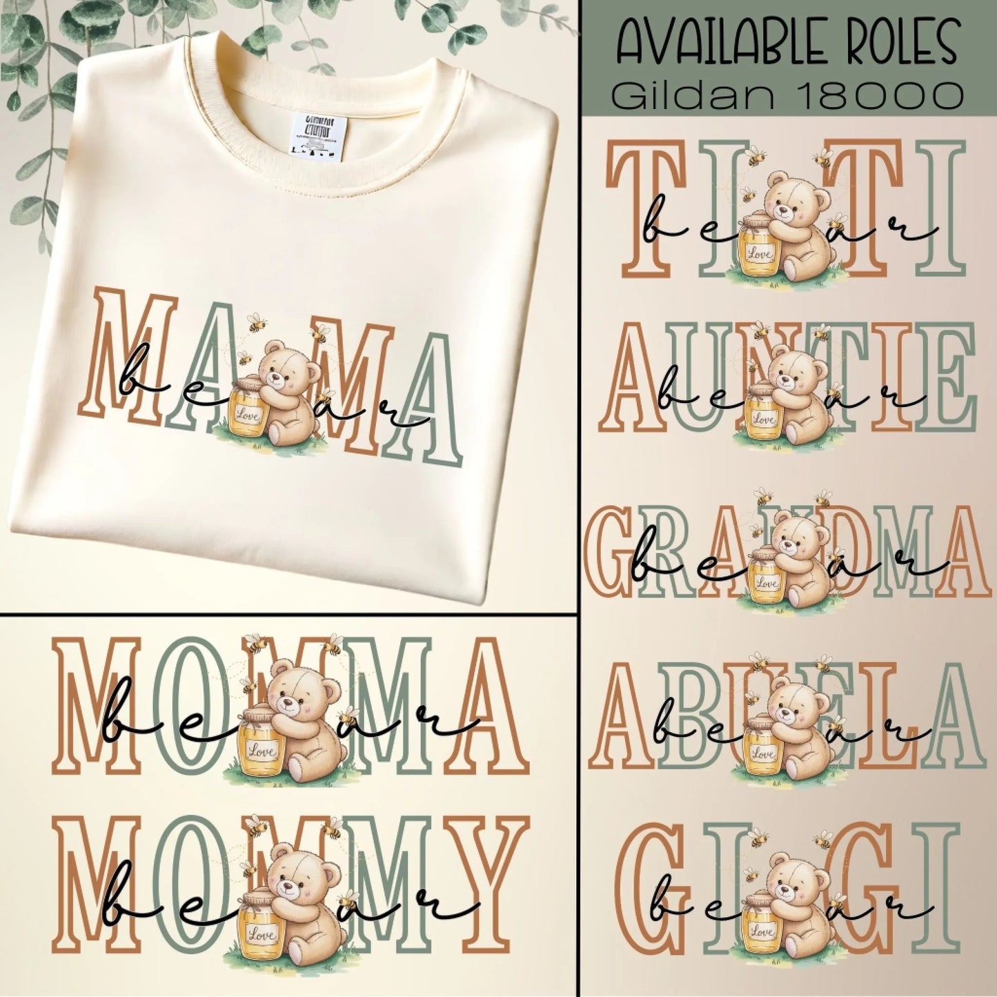Graphic showing available family role designs for the personalized crewneck, including Mama, Mommy, Grandma, Abuela, Gigi, Auntie, and more.