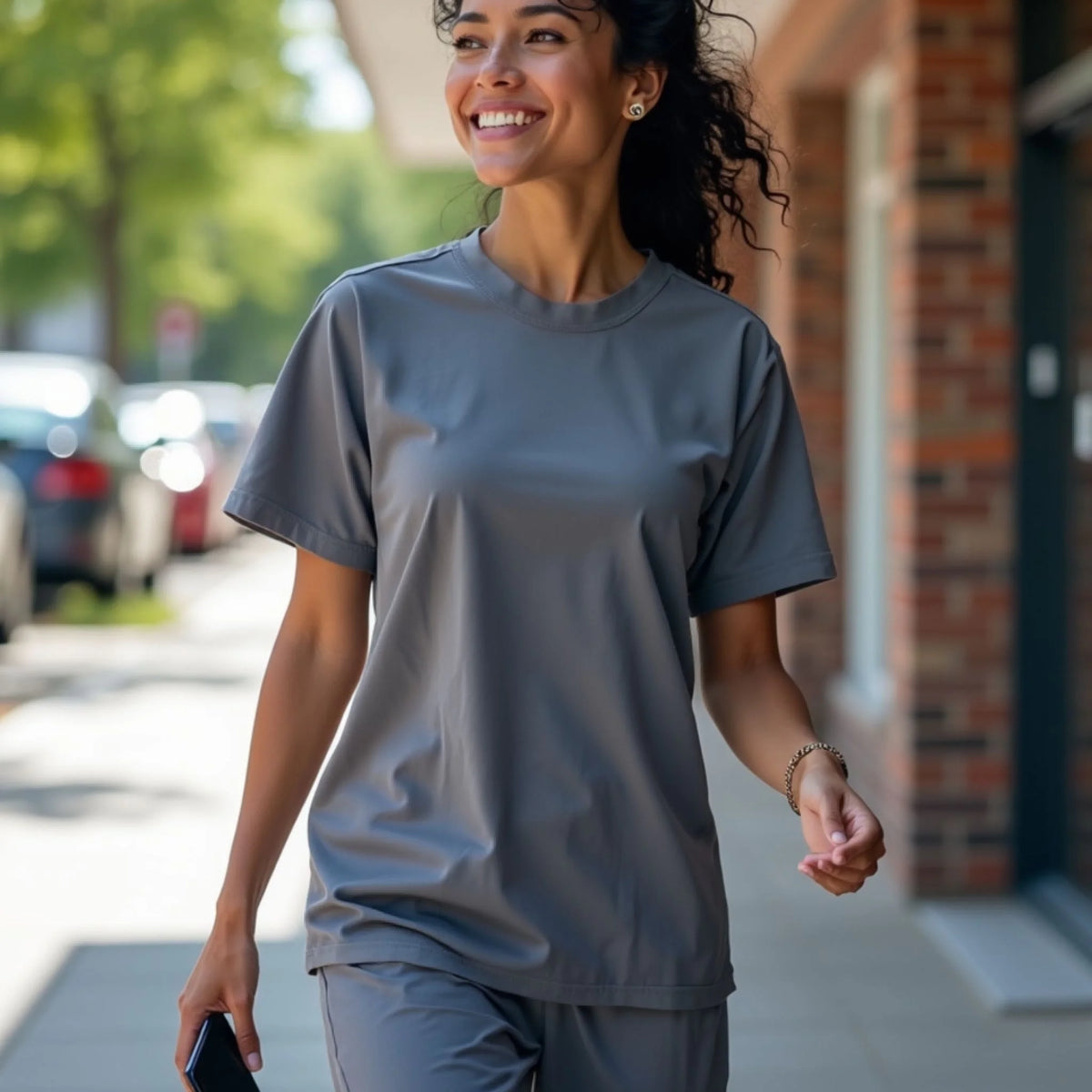 Model wearing a grey Valentine On Call Nurse t-shirt in an urban environment, highlighting a soft fabric and relaxed style.