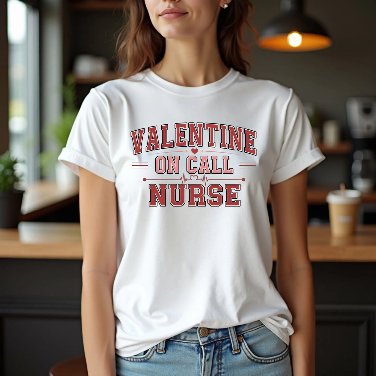 Woman wearing a white Valentine On Call Nurse t-shirt in a natural outdoor setting, showcasing a clean, comfortable unisex fit.