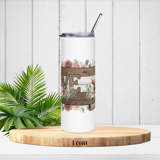 White 20oz tumbler showing the front of the rustic wooden LOVE design with blush roses and eucalyptus on a farmhouse white wood background.