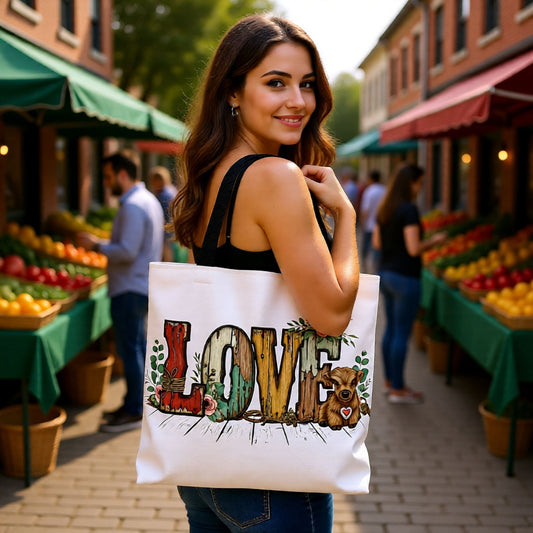 Smiling woman holding a white tote bag featuring a wooden LOVE and calf design at an outdoor farmers market.