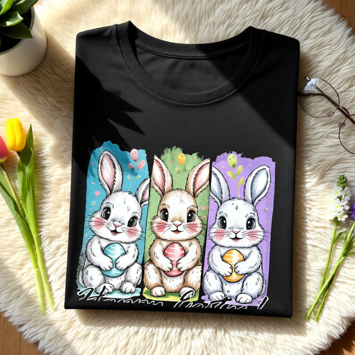 Flat lay of a black Bella Canvas t-shirt featuring a three-panel Easter bunny design with pastel colors and spring details.