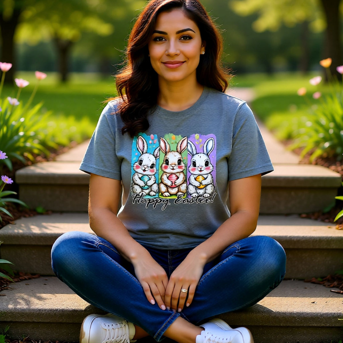 Woman sitting outdoors wearing a gray Bella Canvas t-shirt with a colorful three-panel Easter bunny design.