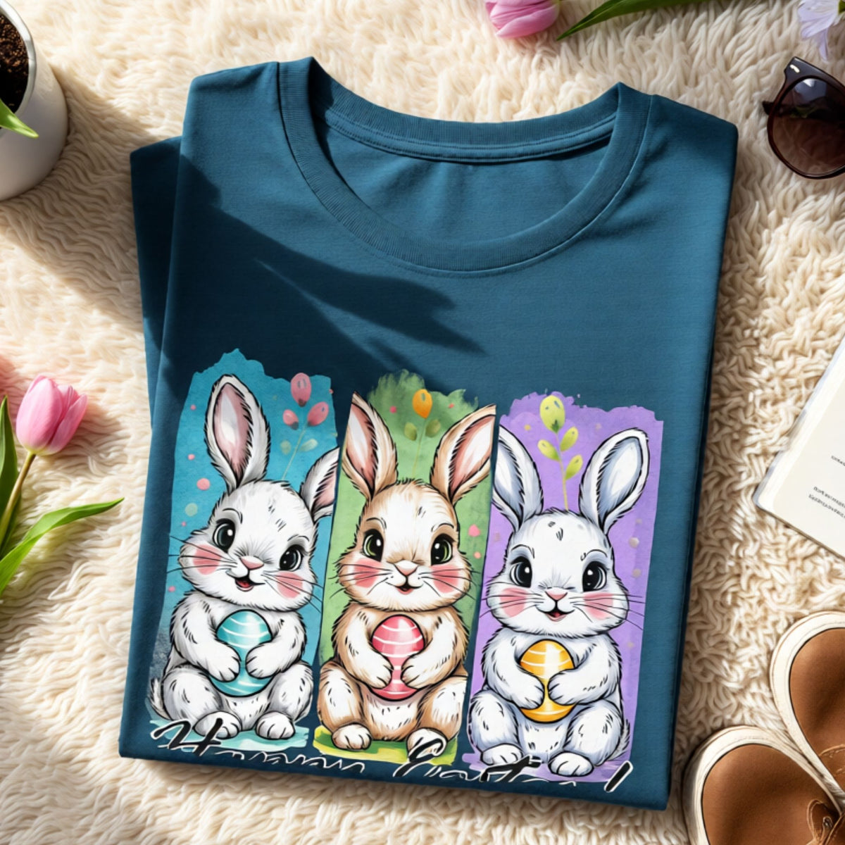 Flat lay of a teal Bella Canvas Easter t-shirt featuring three pastel bunnies in a panel-style illustration.