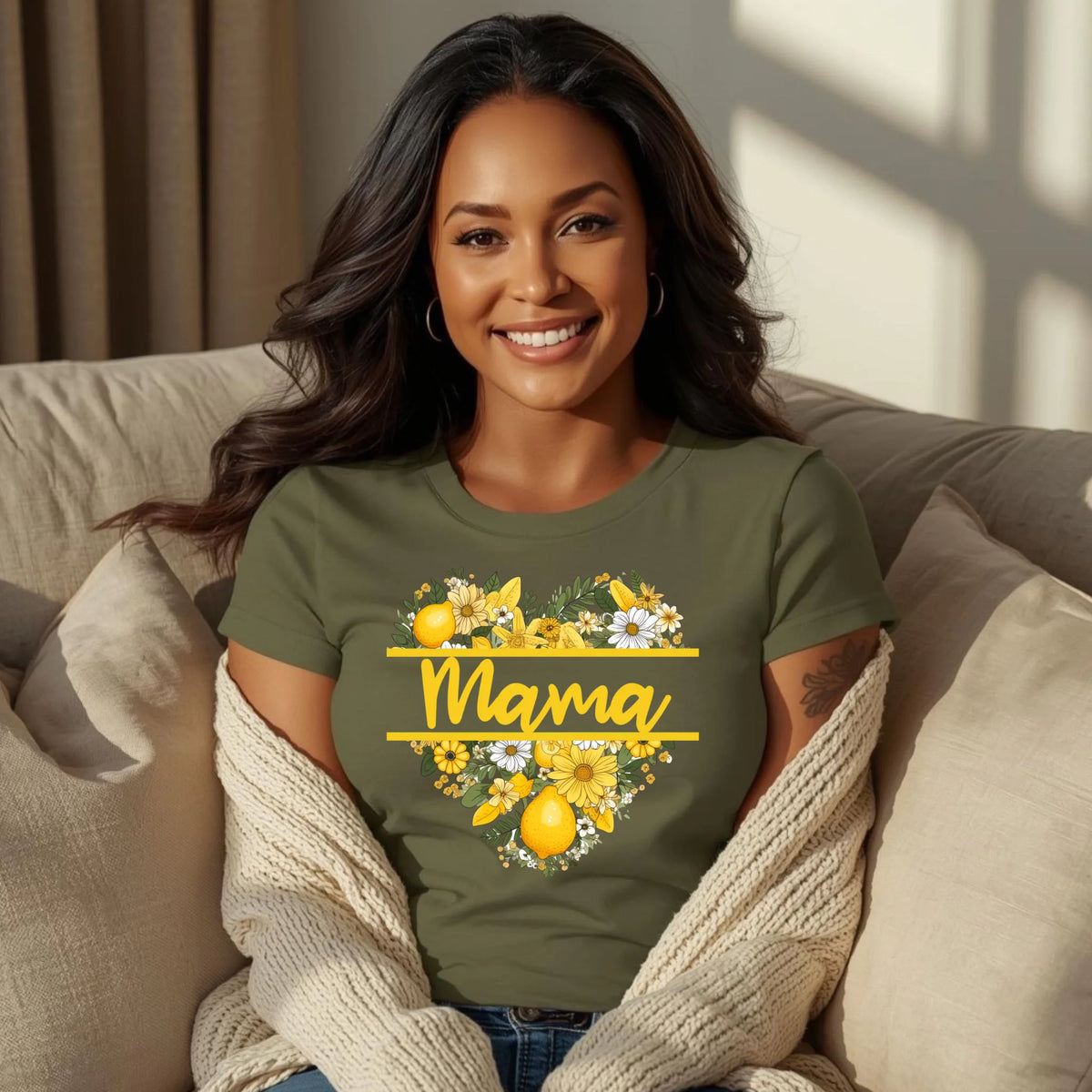 Woman wearing an olive green lemon floral mama shirt, styled casually indoors with natural light, perfect for Mother’s Day gifting.