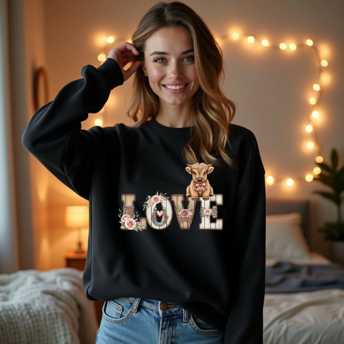 Woman wearing a black crewneck sweatshirt featuring a patchwork wooden LOVE design with flowers and a baby highland cow, playfully posing indoors.