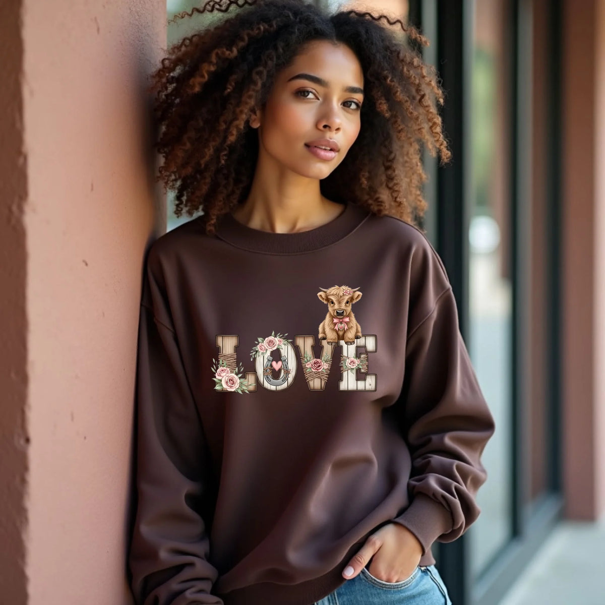 Model in a brown crewneck sweatshirt printed with rustic LOVE lettering and floral calf art, leaning casually near a window in natural light.