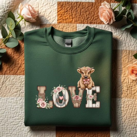 Green crewneck sweatshirt folded flat displaying a wooden LOVE graphic decorated with blush flowers and a highland calf. Rustic neutral textured background.