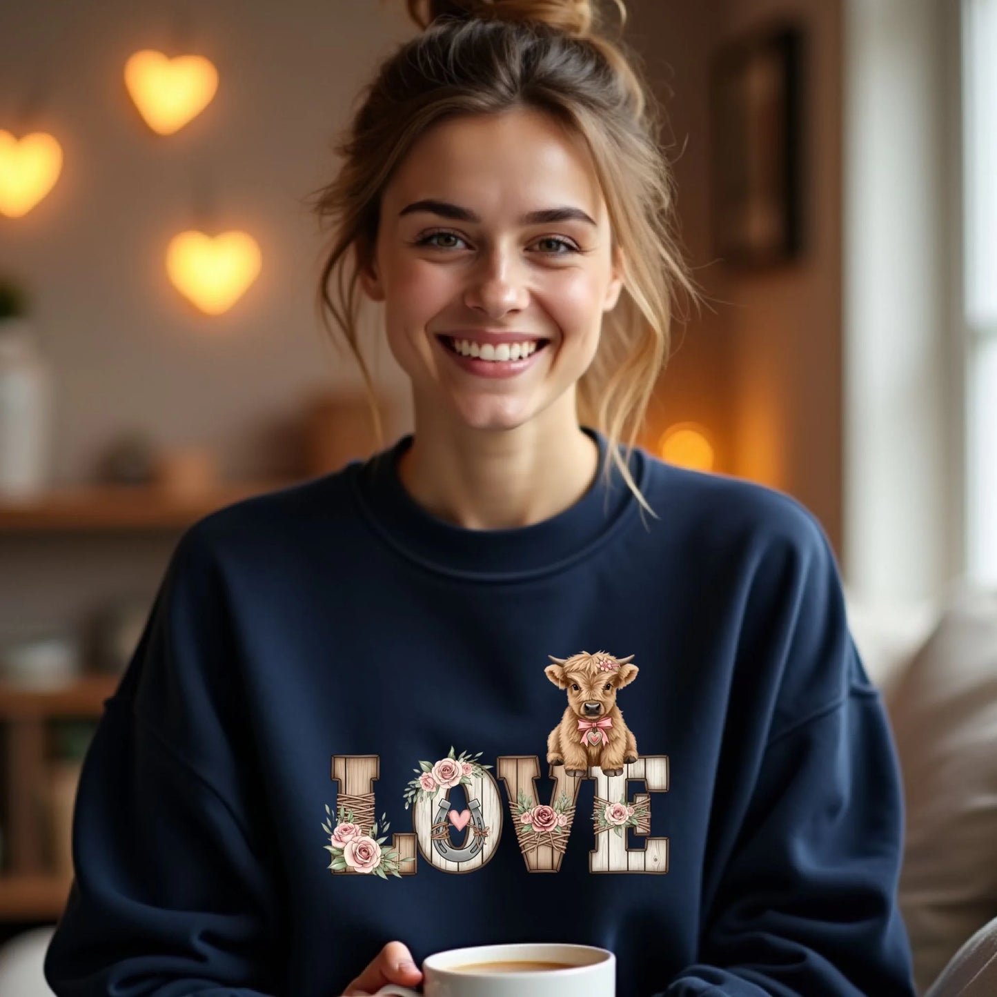 Woman in a navy crewneck sweatshirt showing a western farmhouse LOVE graphic with flowers and a calf, sitting indoors holding a mug with warm lighting.