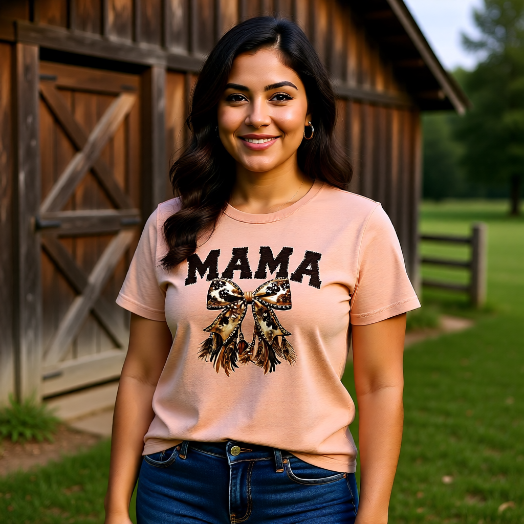 Woman wearing a peach Mama cowhide bow shirt near a rustic barn, featuring western cowhide bow detail and faux leather stitched lettering