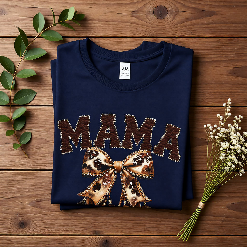 Flat lay of a navy Bella Canvas mama cowhide bow tshirt neatly folded on a wooden surface with greenery accents, displaying a bold western mama graphic with faux leather stitch detail.