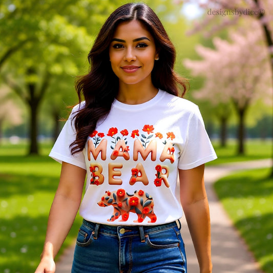 Woman wearing a 'Mama Bear' t-shirt in a park setting