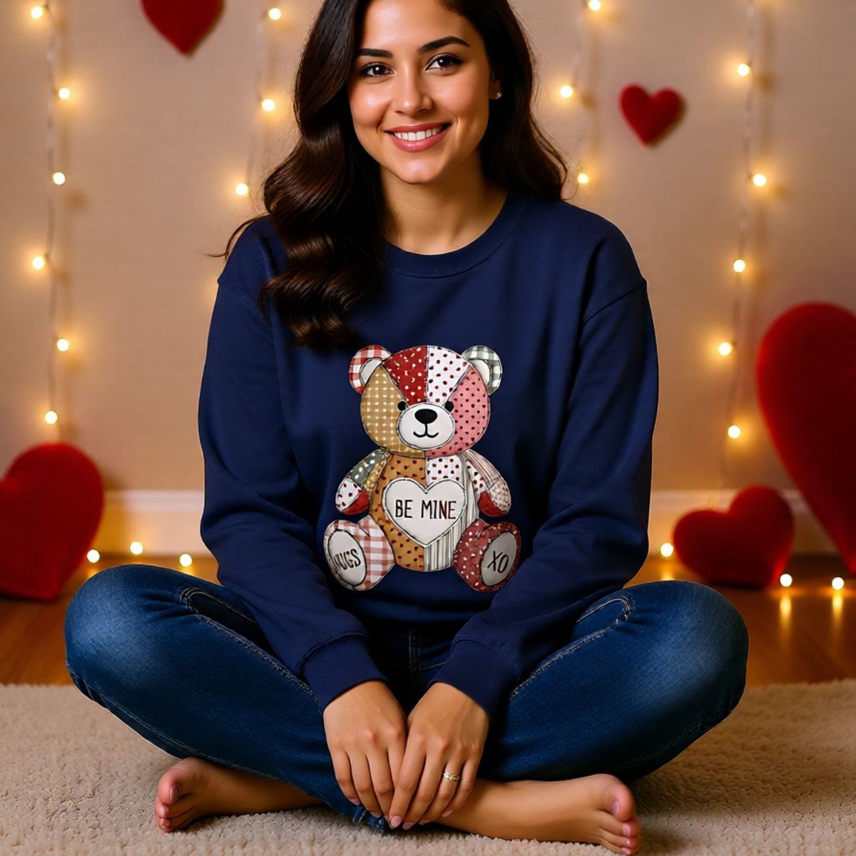 Navy blue Valentine crewneck with stitched patchwork teddy bear design reading Be Mine, Hugs, XO.