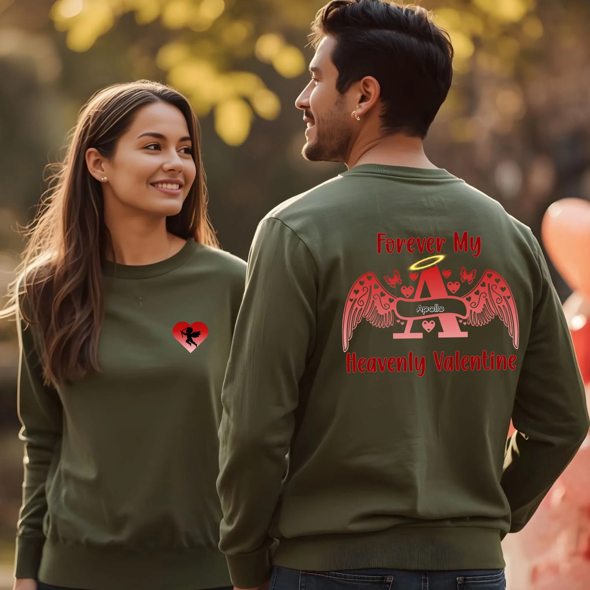 Two-tone premium personalized sweatshirt with Cupid heart front pocket and angel letter memorial back design in green colorway