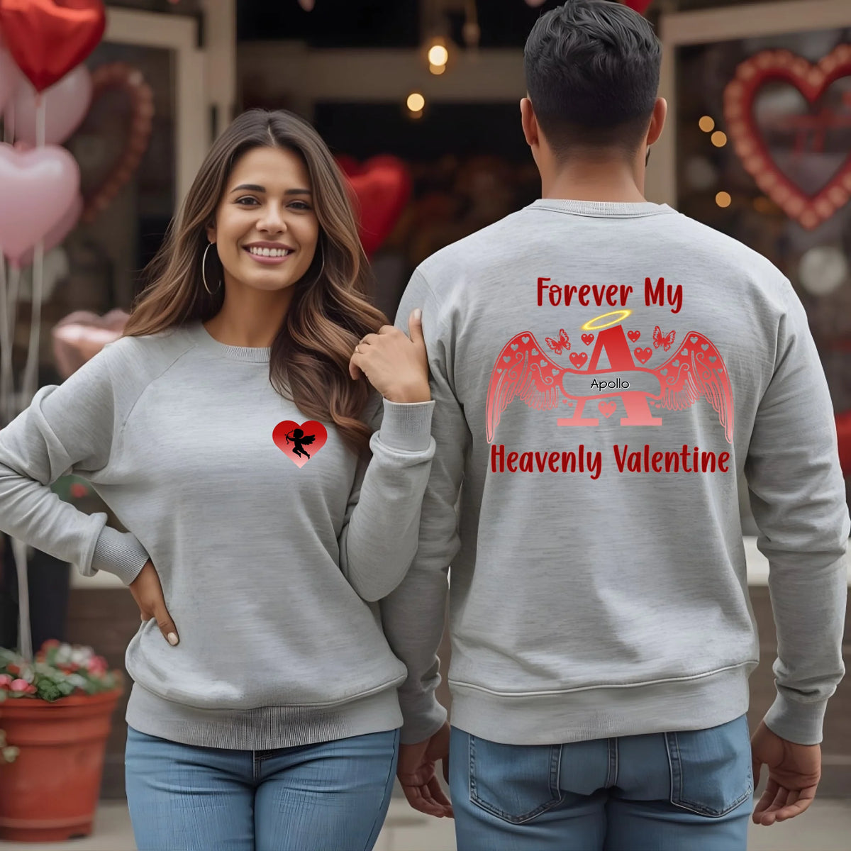 Premium two-tone memorial Valentine sweatshirt showing Cupid front pocket and personalized angel letter back design in grey