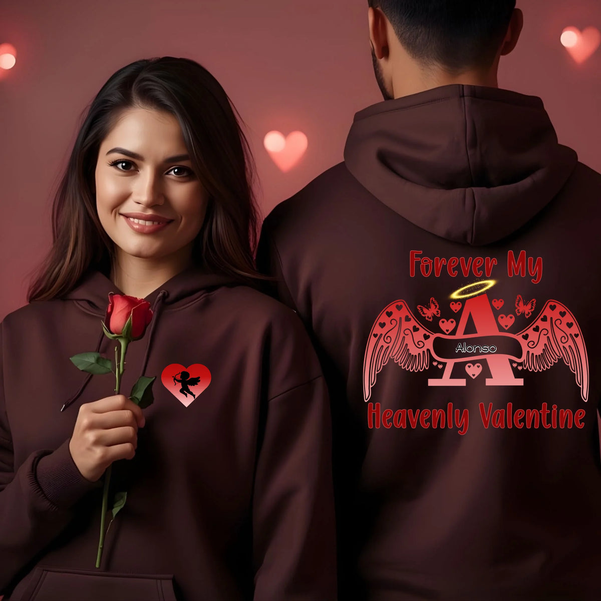 Premium two-tone personalized hoodie with Cupid heart front pocket and angel letter memorial back design for Valentine’s Day