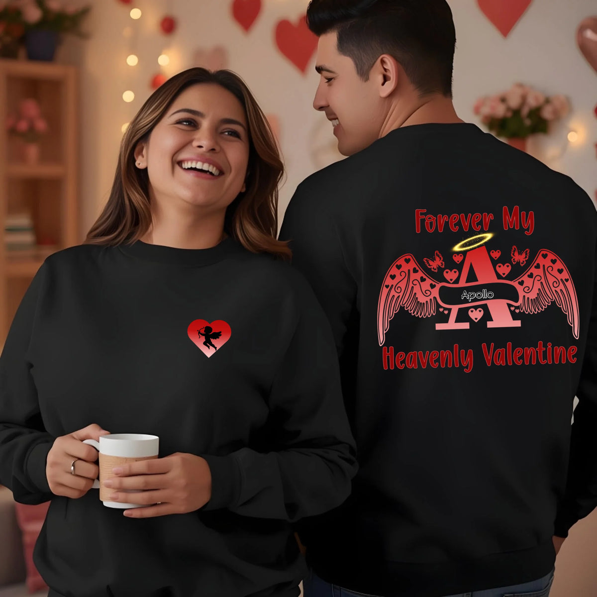 Premium two-tone black sweatshirt with Cupid heart front pocket personalized Valentine memorial design
