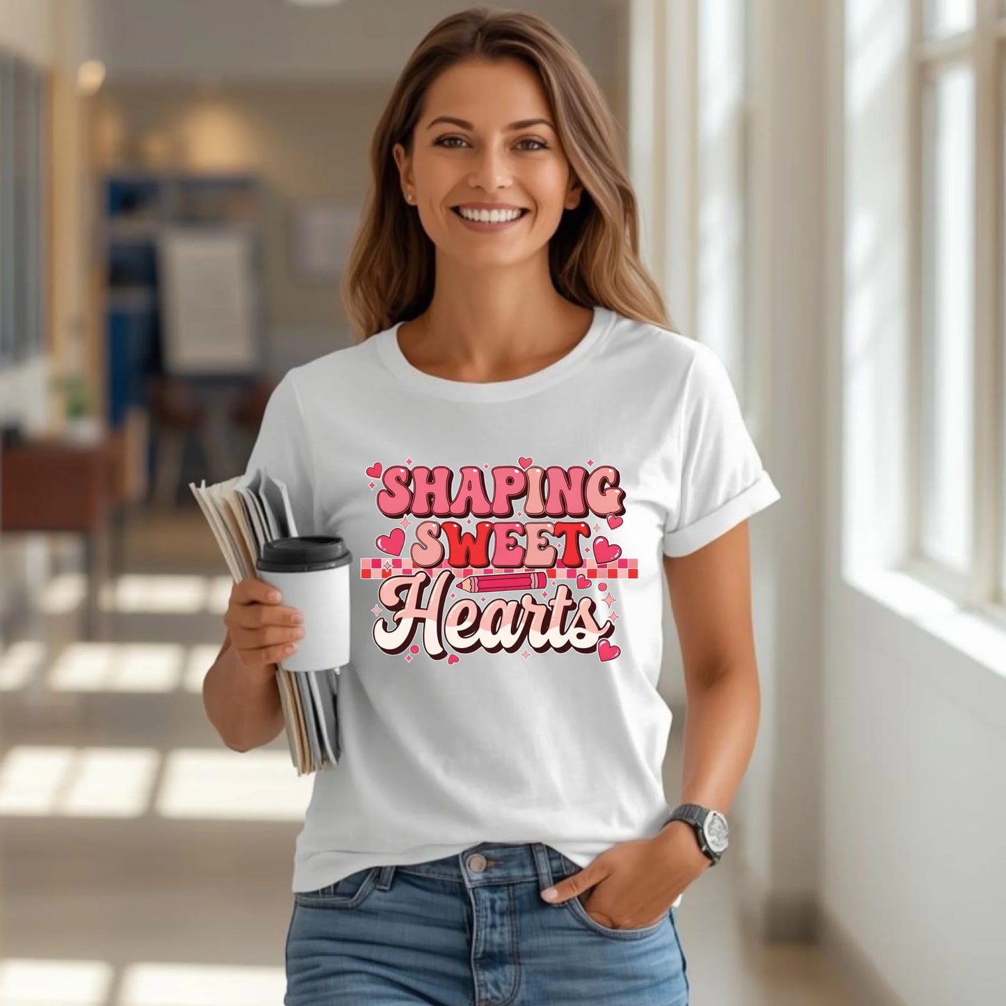 Woman teacher wearing a white “Shaping Sweet Hearts” Valentine T-shirt walking through a school hallway. Fun classroom shirt for February.