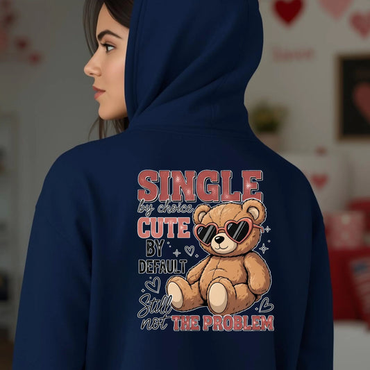 Navy blue hoodie with a teddy bear graphic and text on the back, worn by a person.